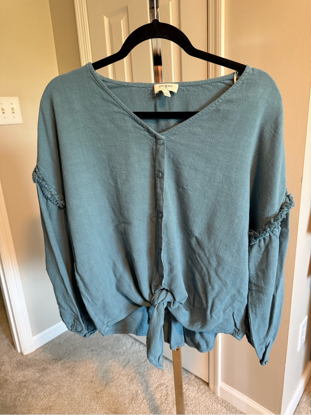Umgee Teal Button-Front Tie-Hem Tunic Top